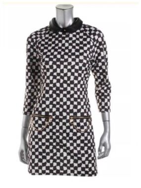 Juicy Couture Black & White Checkerboard Long Sleeve Shift Dress